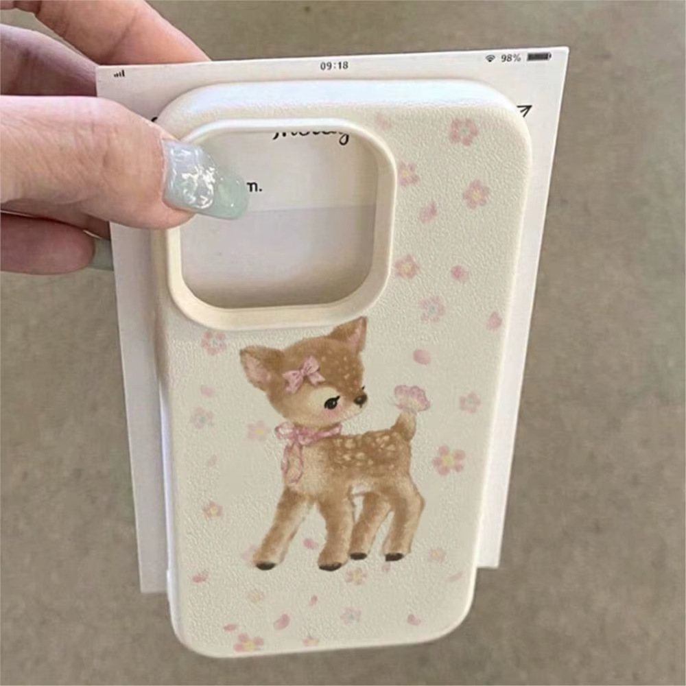 Cute Cartoon Fawn Deer Phone Case with Pink Bow and Flowers Bumper Cover for iPhone 17
