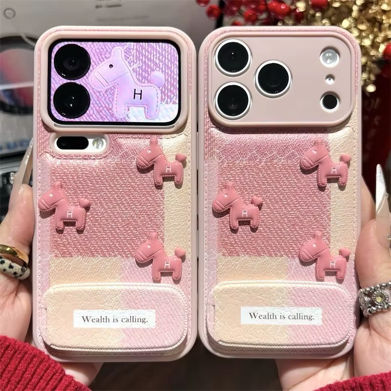 Cute Pink Horse Phone Case With Mirror Stand Color‑Block Leather Shock‑Proof Protective Cover For iPhone Anti‑Drop Shell