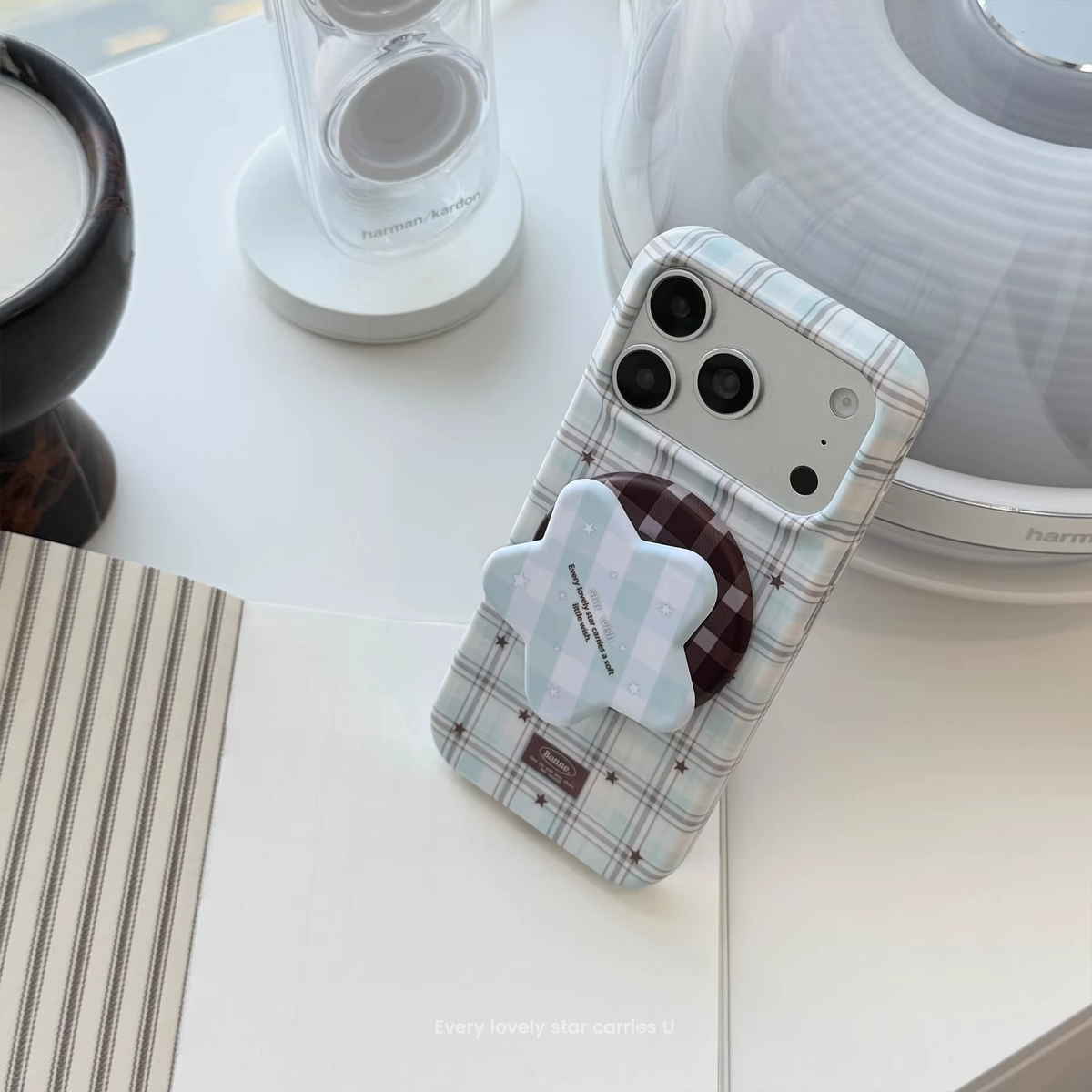 Korean Grid Pattern Cartoon Stars Magnetic Bracket Phone Case For iPhone 17 15 16 14 Pro Max Frosted Shockproof Protective Cover