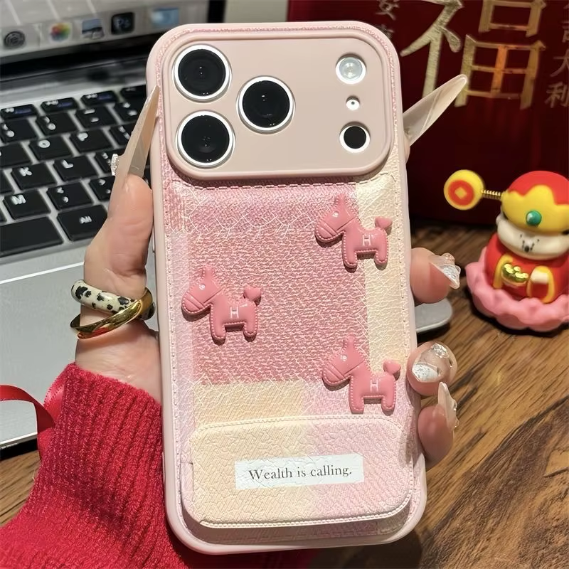 Cute Pink Horse Phone Case With Mirror Stand Color‑Block Leather Shock‑Proof Protective Cover For iPhone Anti‑Drop Shell