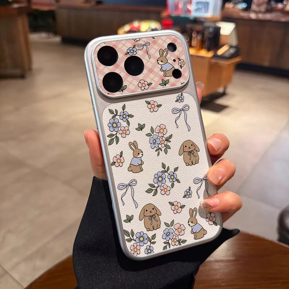 Cute Rabbit Shockproof Soft Leather Phone Case For iPhone 17 Pro Max 15 16 11 13 12 14 Pro Max Shockproof Lichee Partten Cover