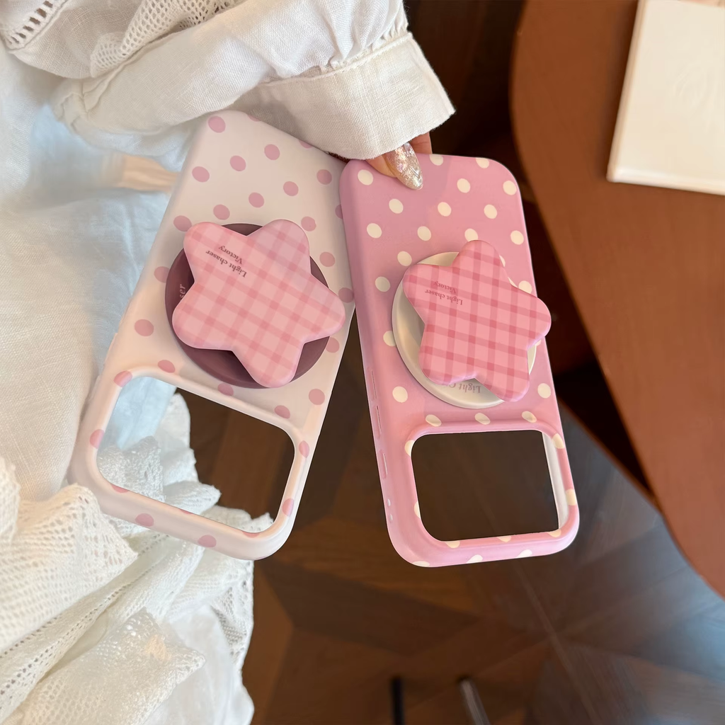 Korean Full Screen Polka Dots With Plaid Stars Magnetic Bracket Phone Case for iPhone 17 Shockproof Soft Cover