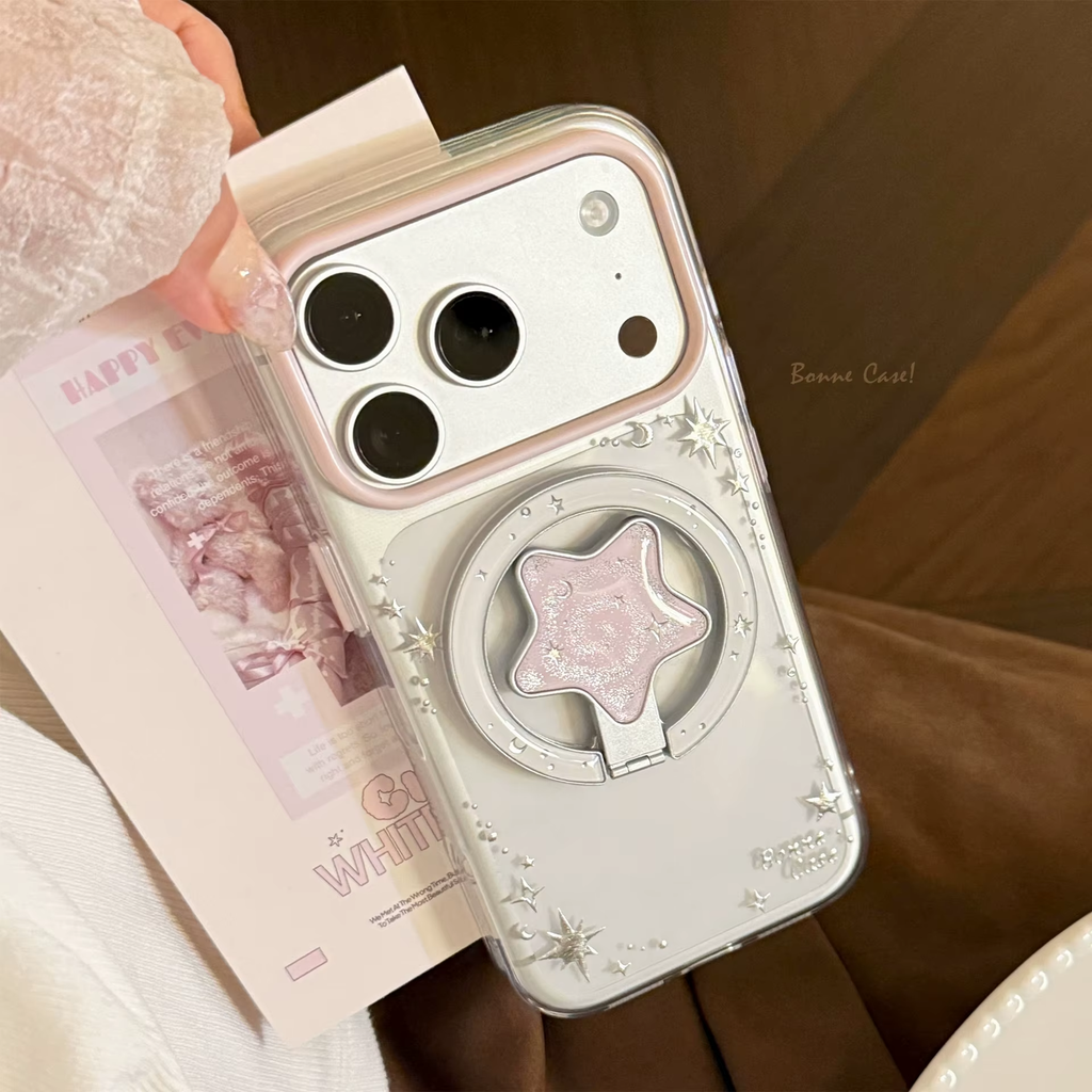 Simple Fold Glitter Stars Magnetic Bracket Phone Case For iPhone 17 16 15 14 13 12 Pro Max Clear Shockproof Bumper Soft Cover