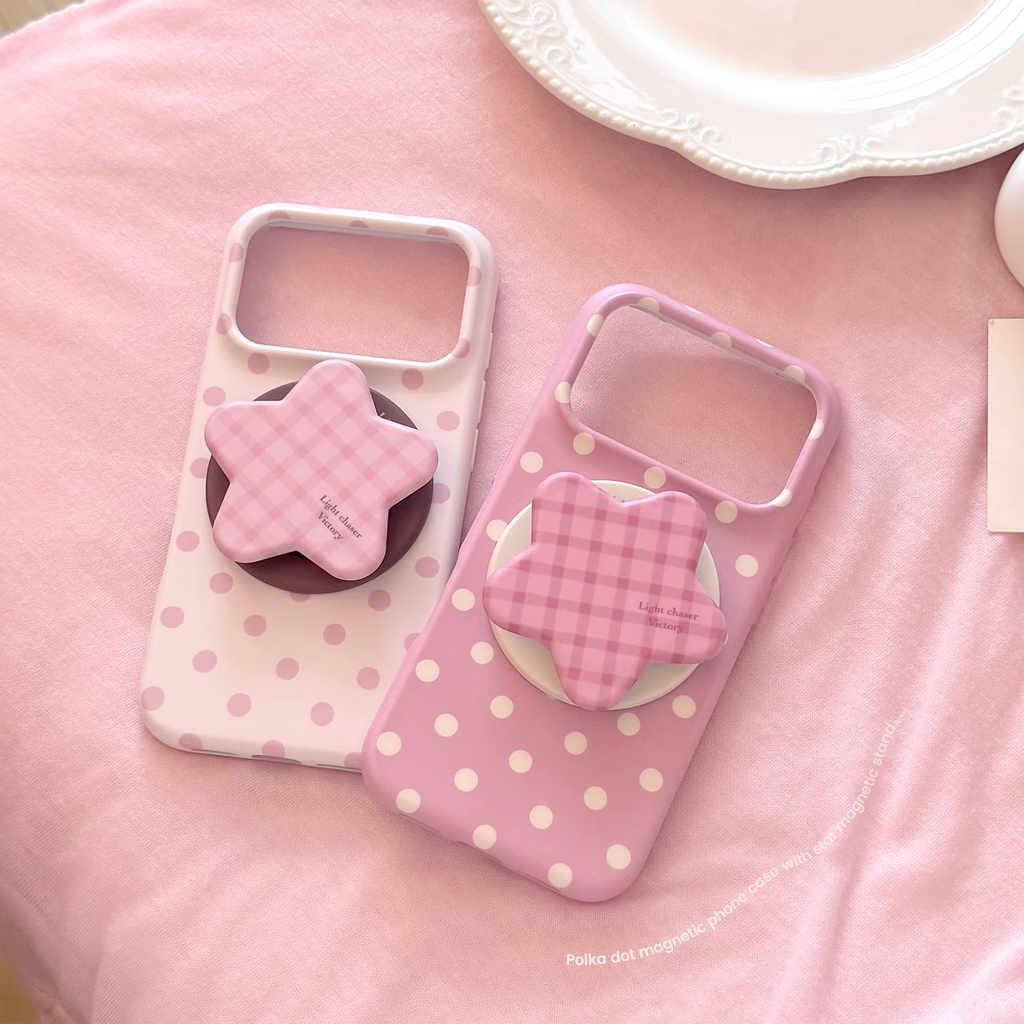 Korean Full Screen Polka Dots With Plaid Stars Magnetic Bracket Phone Case for iPhone 17 Shockproof Soft Cover