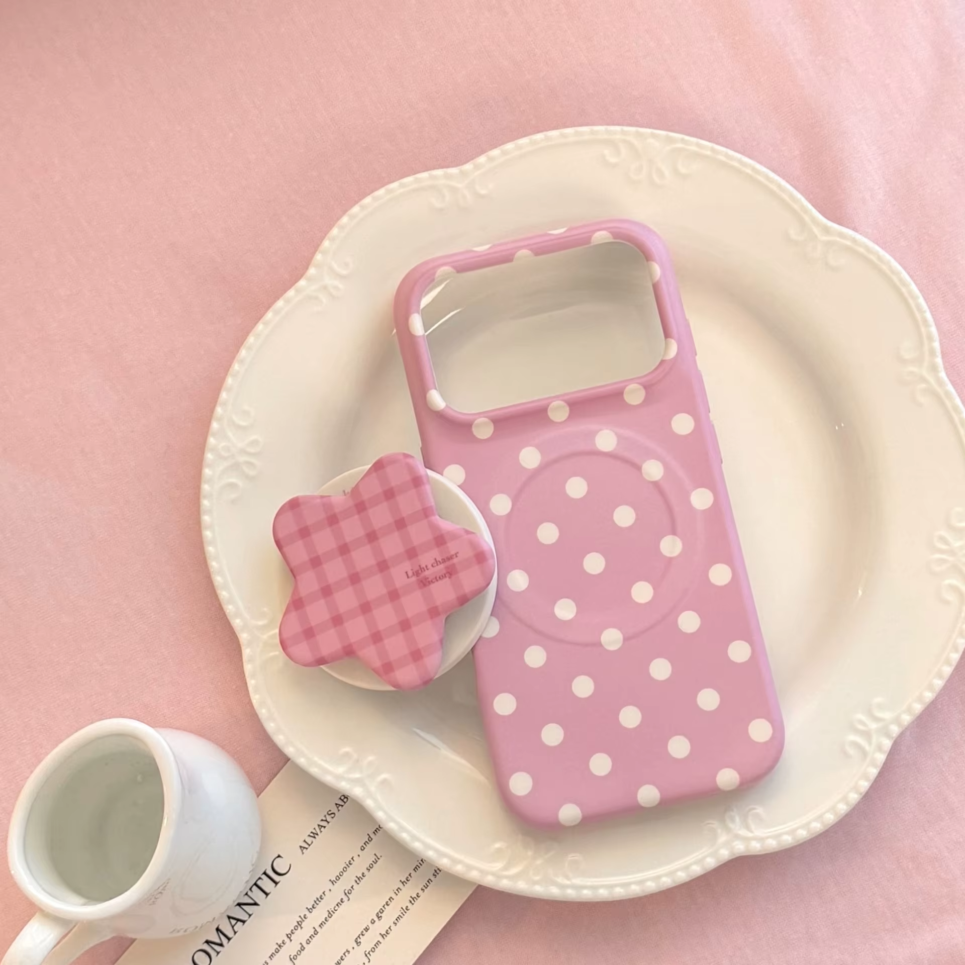 Korean Full Screen Polka Dots With Plaid Stars Magnetic Bracket Phone Case for iPhone 17 Shockproof Soft Cover