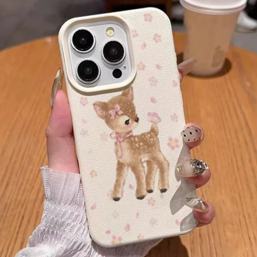 Cute Cartoon Fawn Deer Phone Case with Pink Bow and Flowers Bumper Cover for iPhone 17
