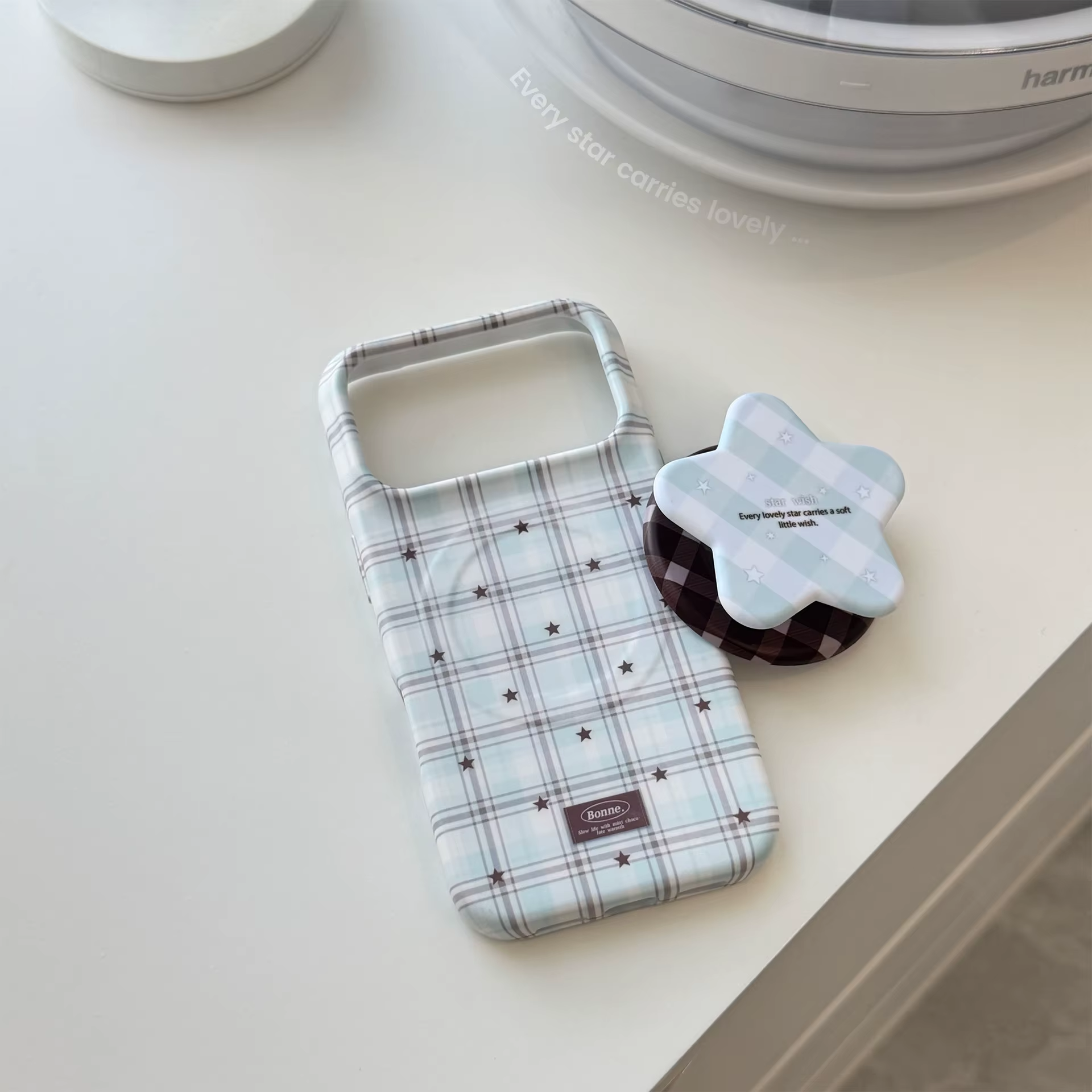 Korean Grid Pattern Cartoon Stars Magnetic Bracket Phone Case For iPhone 17 15 16 14 Pro Max Frosted Shockproof Protective Cover