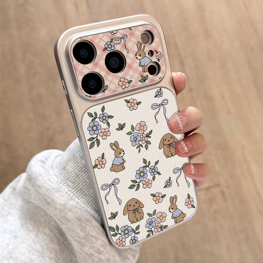 Cute Rabbit Shockproof Soft Leather Phone Case For iPhone 17 Pro Max 15 16 11 13 12 14 Pro Max Shockproof Lichee Partten Cover